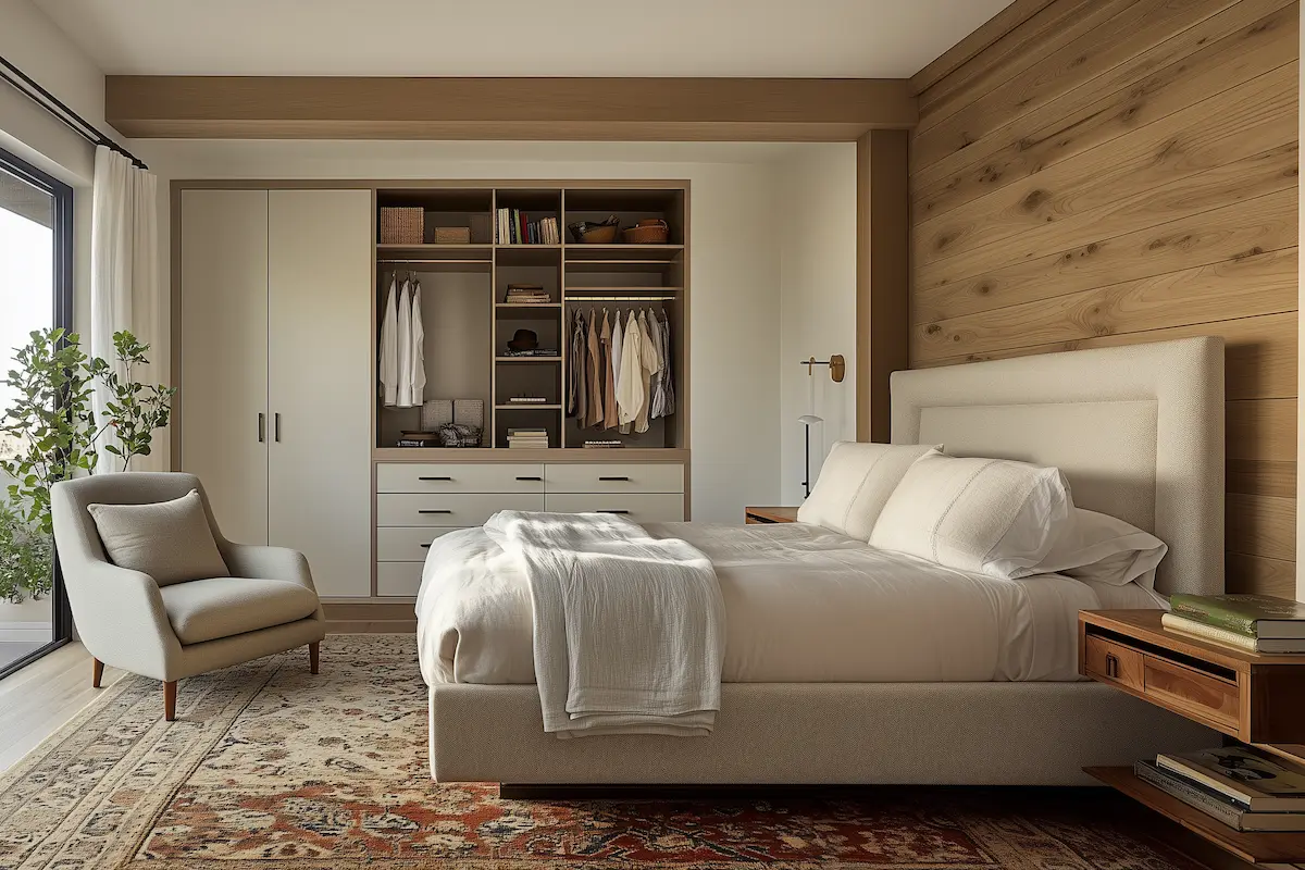 A modern bedroom with a large bed, built-in open closet, wooden accent wall, upholstered chair, and a rug on the floor offers inspiration for 10 Tips for Creating a Minimalist Bedroom. Natural light enters through a window.