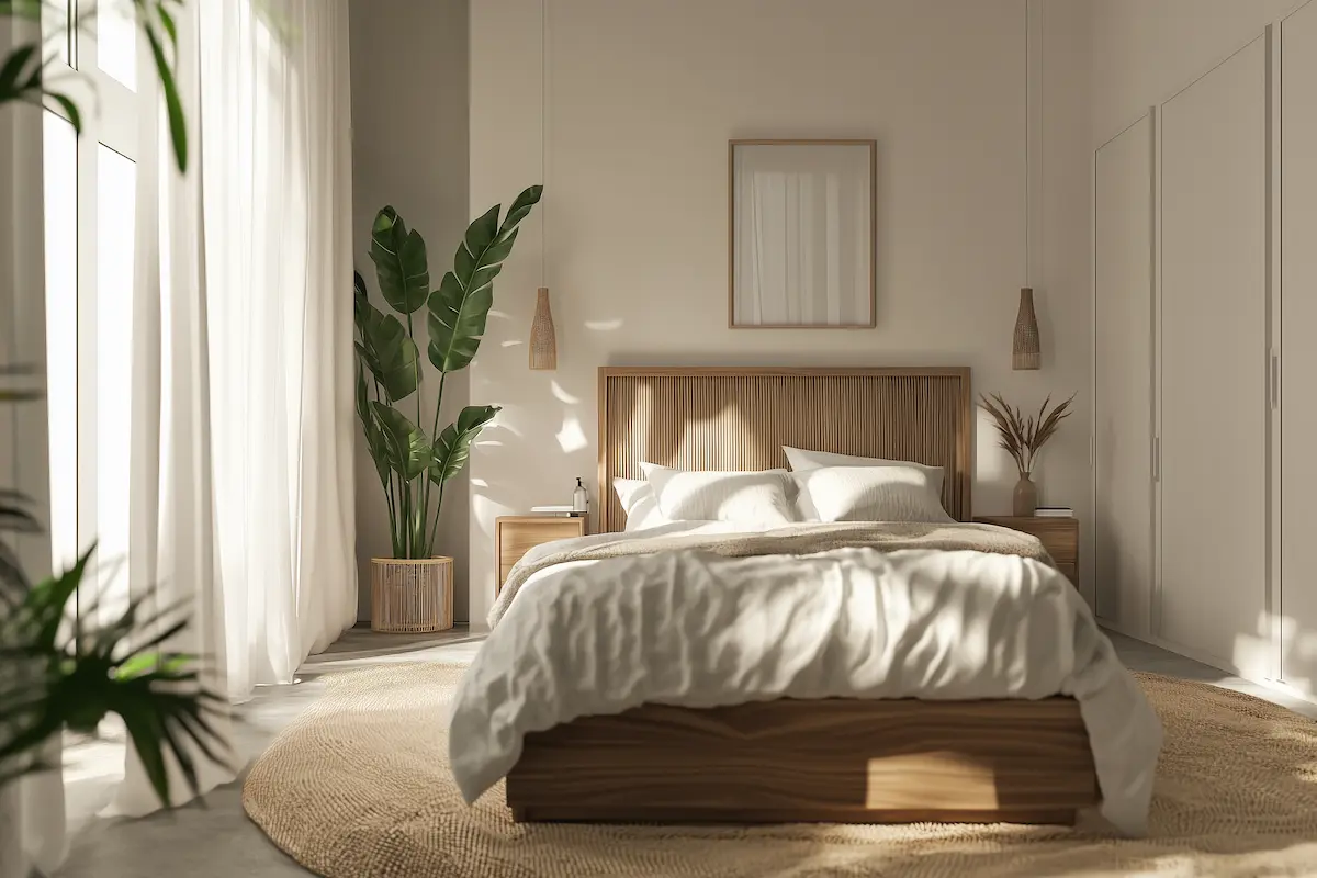 A sunlit modern bedroom with a wooden bed, white bedding, potted plant, and wall art showcases 10 Tips for Creating a Minimalist Bedroom, featuring neutral tones and soft natural light through sheer curtains.