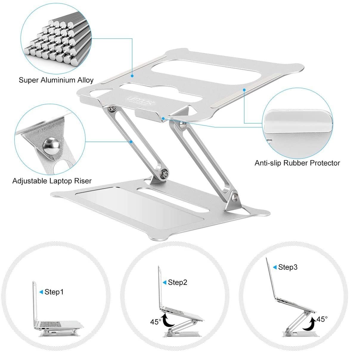 Image of an adjustable aluminum laptop stand with anti-slip rubber protectors, highlighted features for setting up a productive workspace at home, and assembly steps.