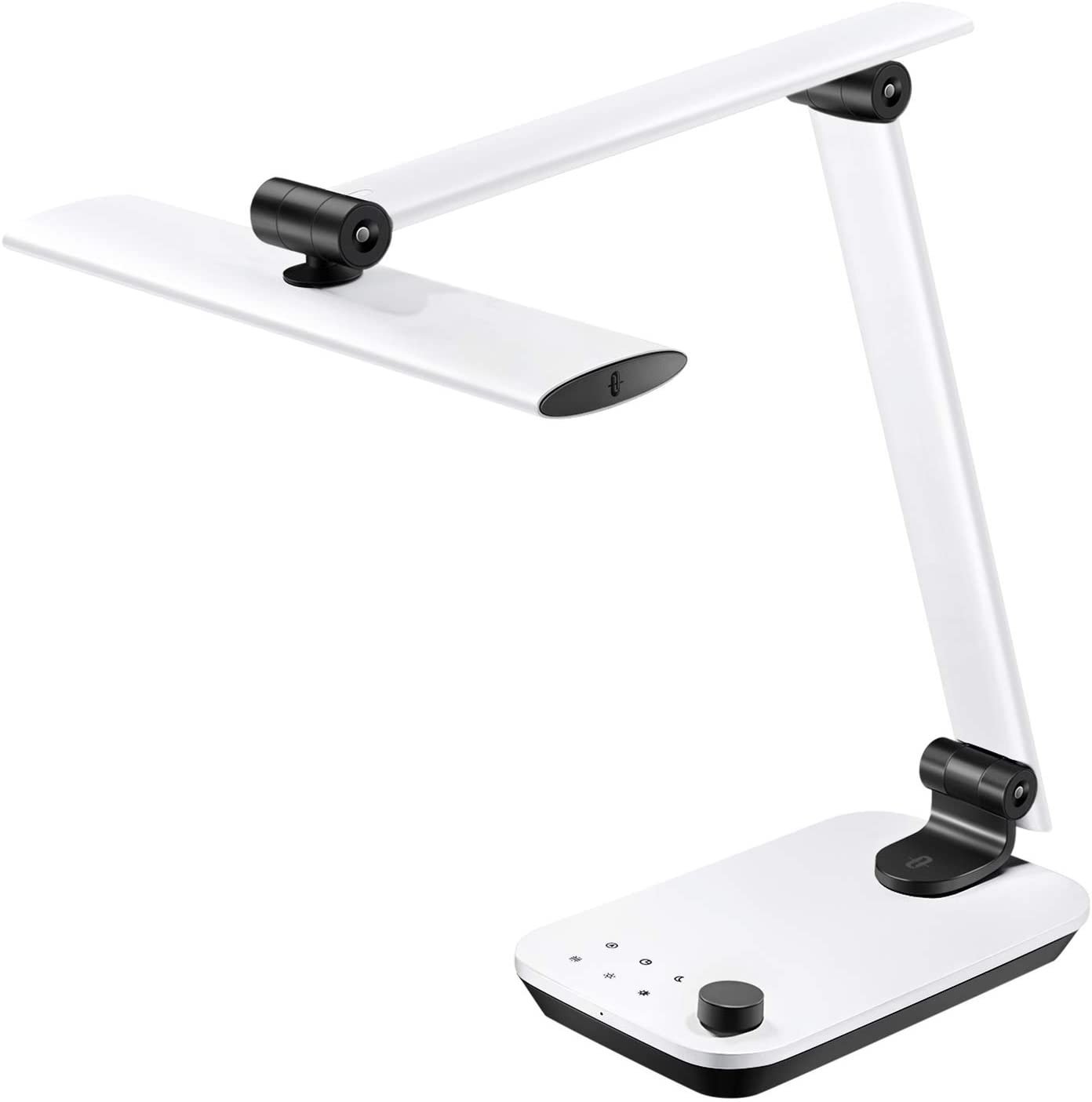 White LED desk lamp with adjustable arm and base featuring control buttons and integrated USB charging ports, essential for setting up a productive workspace at home.
