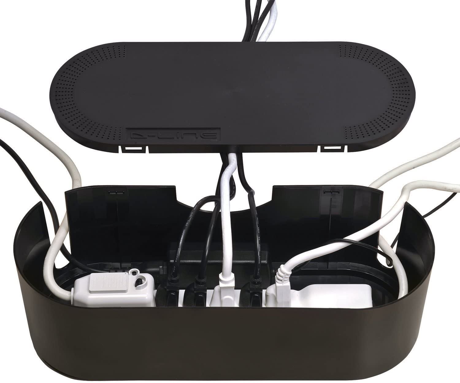 A cable management box with several plugs and cords neatly organized inside, viewed from above, is what you need to set up a productive workspace at home.