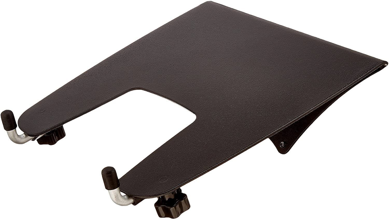 Black ergonomic keyboard tray with adjustable clamps, essential for setting up a productive workspace at home, isolated on a white background.