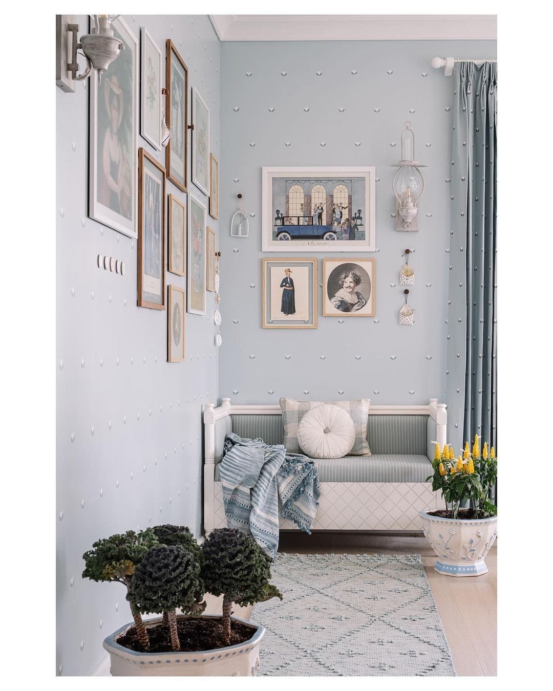 A cozy corner in a room with light blue walls adorned with a gallery wall of vintage frames and art, two potted plants, a bench with cushions, and patterned curtains.