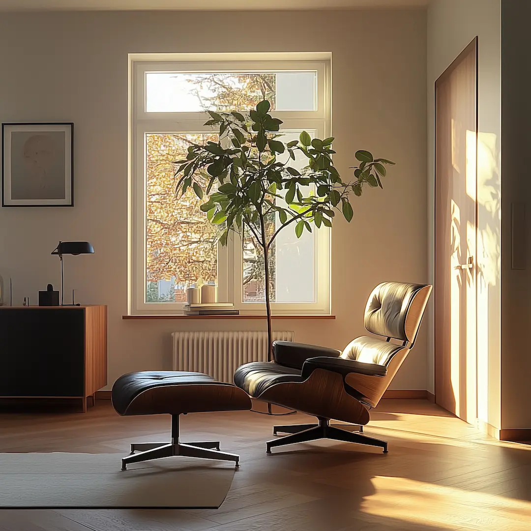 A modern living room showcasing minimalism and Mid-Century Modern style, featuring a lounge chair with ottoman near a large window, a tall potted plant, sideboard, and warm sunlight streaming in.