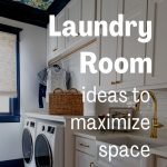 Narrow laundry room with white cabinets, black and white tile flooring, front-load washer and dryer, wicker basket, clothes on hangers, and a decorative ceiling with a floral pattern. Learn how to maximize space in your long narrow laundry room for an efficient and stylish setup.