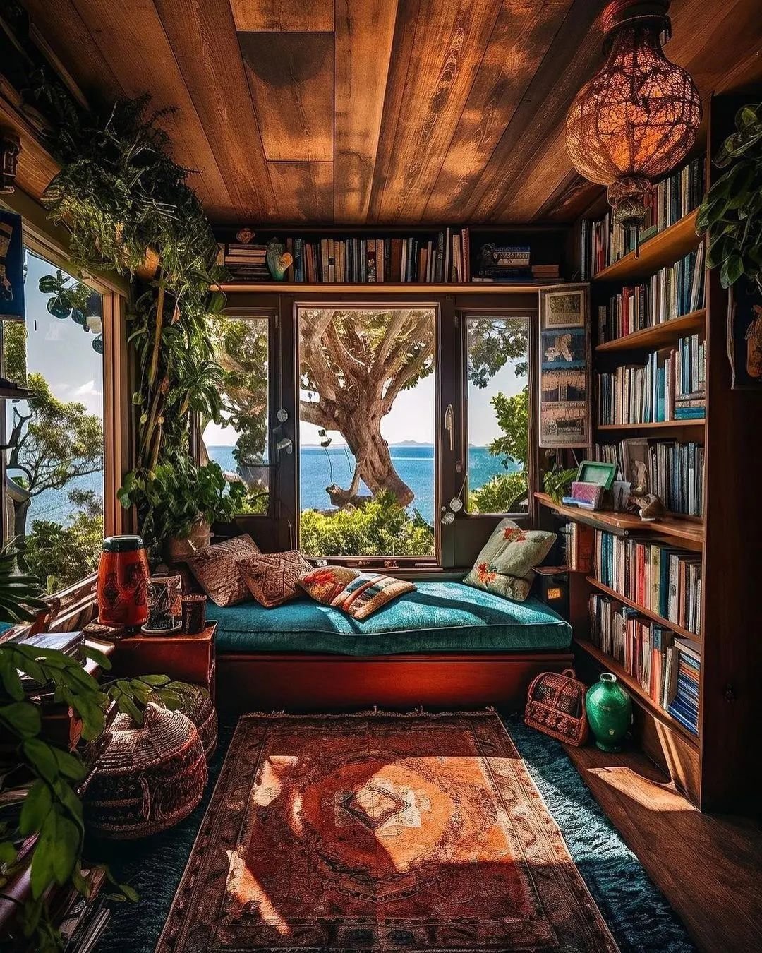 A cozy reading nook with a window seat surrounded by bookshelves and plants, overlooking a tree and a body of water through a large window. The room, reminiscent of 10 Inspiring Home Office Library Designs for Every Decor Style, features wooden walls and ceiling with a vibrant rug.