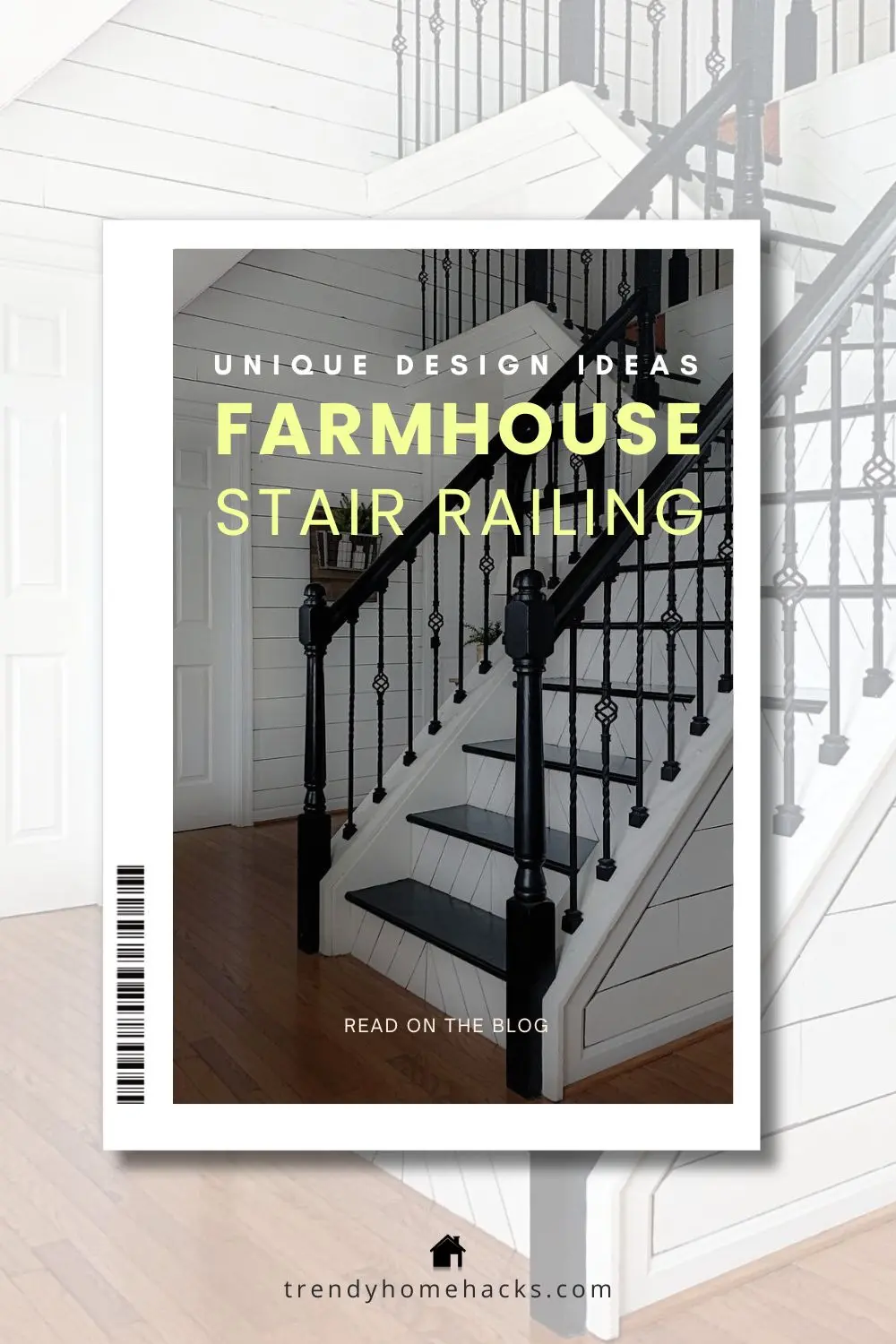 Black iron and wood stair railing with farmhouse style, featuring white shiplap walls and dark posts. Text overlay spotlights innovative twists: unique ideas for farmhouse stair railing designs.