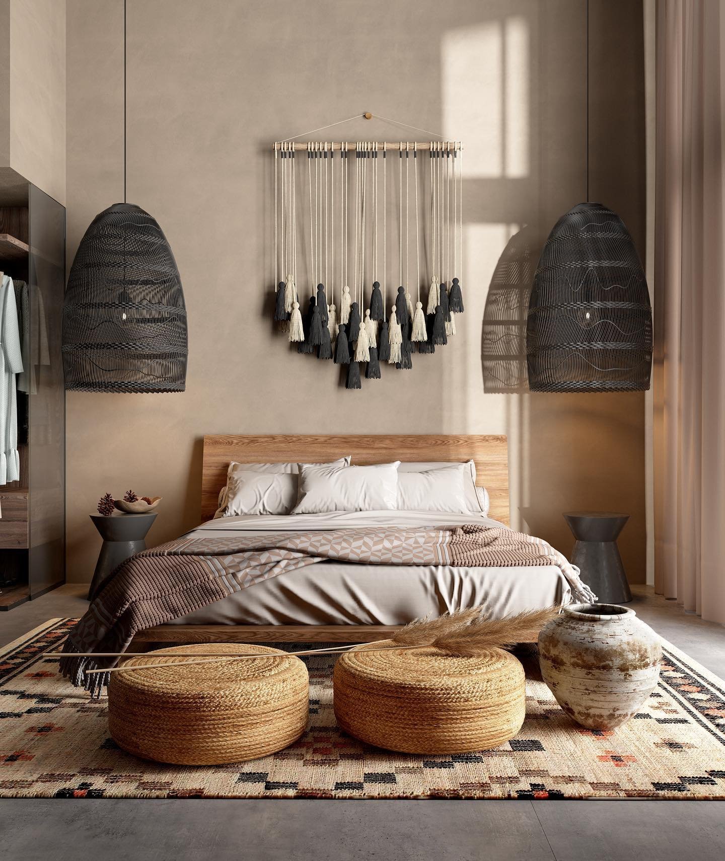 Modern bedroom with a wooden bed, neutral bedding, woven wall art, large black pendant lights, and straw ottomans on a patterned rug. An earthy vase and a small accent table add to the serene atmosphere. The beauty of imperfection enhances the Japandi decor, embracing Wabi-Sabi elements subtly.