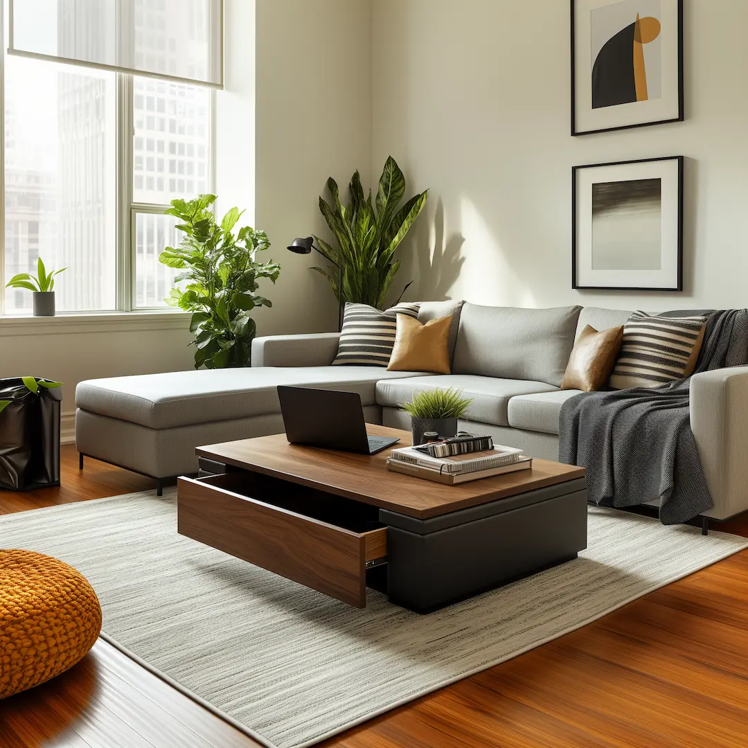 A modern living room with a gray sectional sofa, wooden coffee table with an open drawer, indoor plants, and framed art showcases how minimalism influences the creation of a sense of space through clean lines and abundant natural light from large windows.