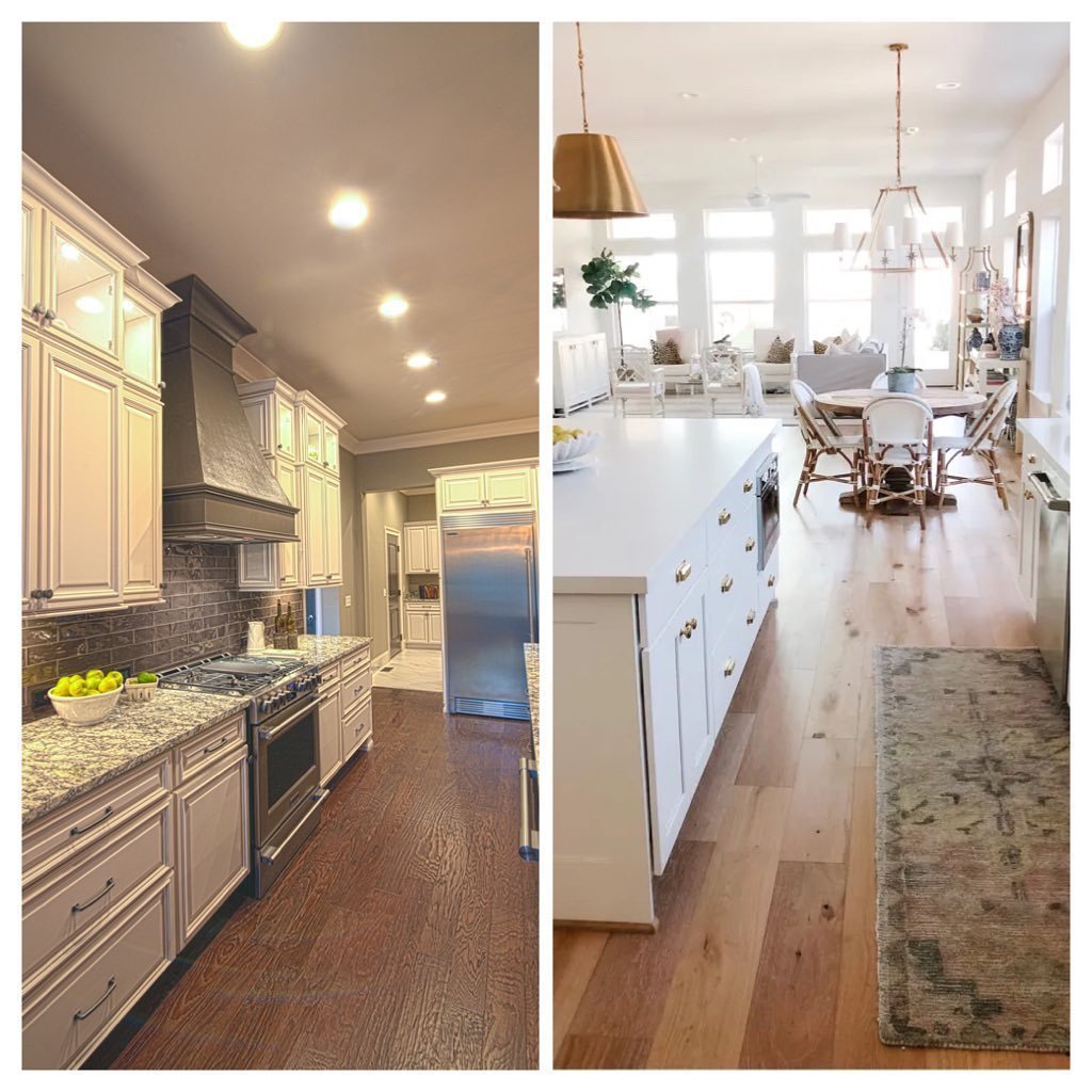 Side-by-side comparison of two kitchens: the left features dark wood flooring, light cabinetry, and stainless steel appliances; the right features light wood flooring, white cabinetry, and gold accents. Which Interior Design Plan Is Better: Open Layout or Closed Layout?