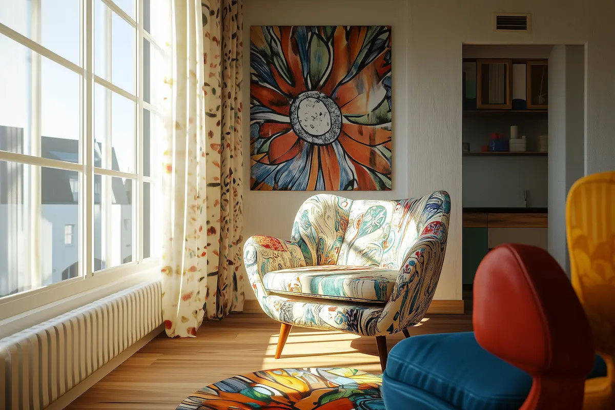 Sunlit room with a large window, patterned armchair, floral rug, colorful décor, and a bold flower painting—showing how to add funky wall art to your home for a lively, vibrant touch.