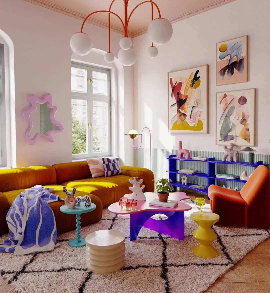 Colorful, modern living room with abstract art, bold furniture, eclectic tables, and geometric decor—showing How to Add Funky Wall Art to Your Home with a mustard sofa and orange chair on a white rug drenched in natural light.