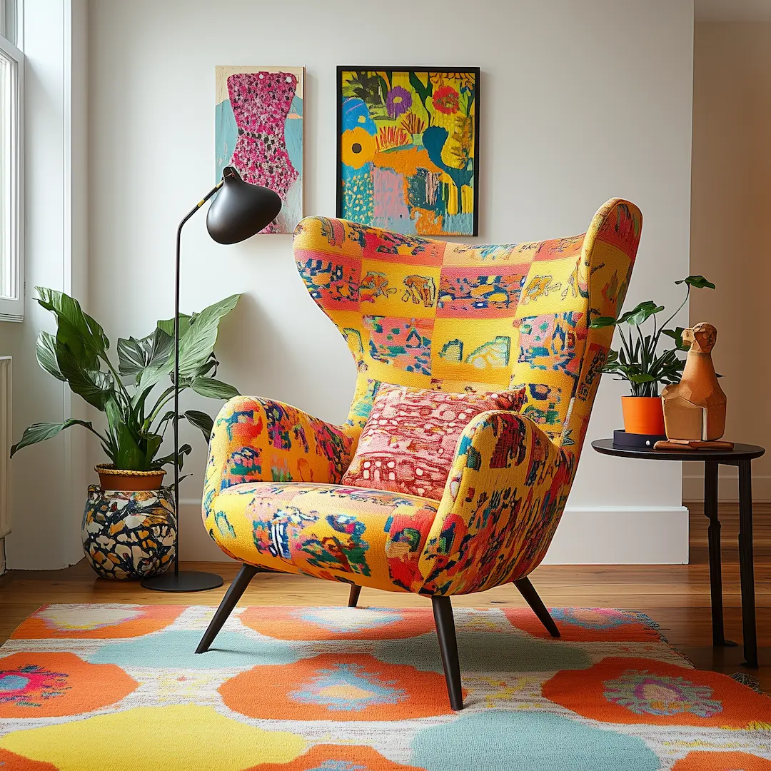 A colorful patchwork armchair from Funky Furniture: Unique Pieces to Make Your Home Stand Out sits on a patterned rug in a bright room with abstract wall art, a floor lamp, houseplants, and a side table with decor.