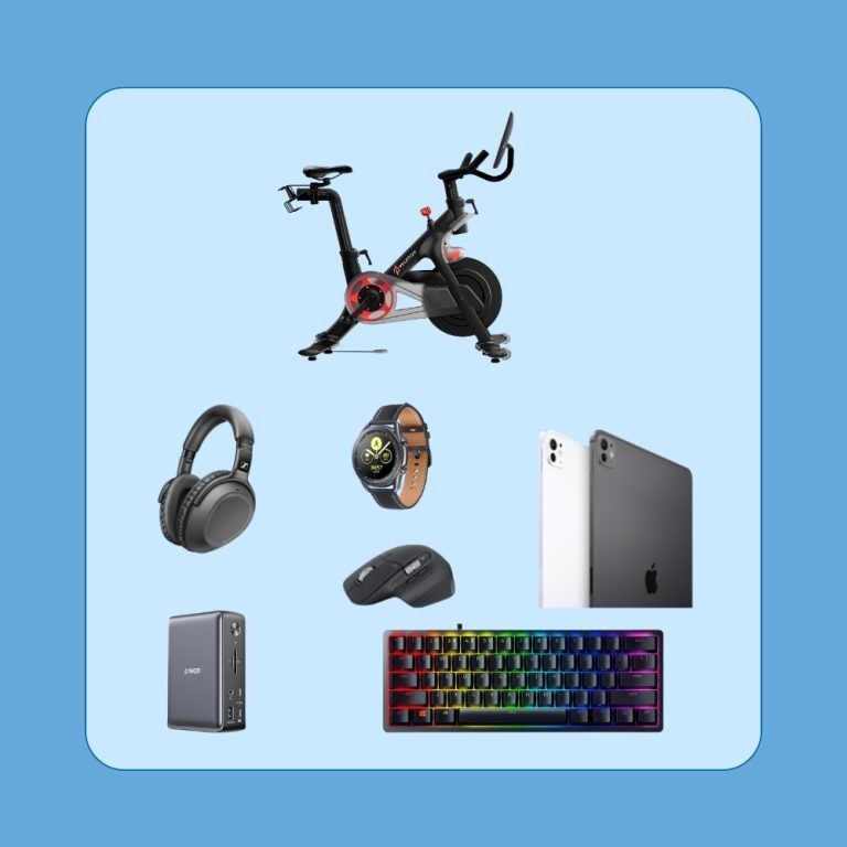 A collage of various tech gadgets including a stationary bike, headphones, smartwatch, iPad, power bank, mouse, and a backlit keyboard against a light blue background. Perfect for Father’s Day 2024: Top Tech Gifts for Dad.