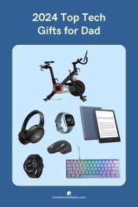 Father’s Day 2024: Top Tech Gifts for Dad include a stationary bike, headphones, smartwatch, mouse, e-reader, digital watch, and RGB keyboard—all displayed on a blue background.