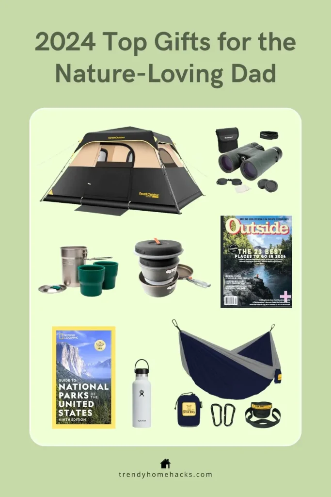 A collage of outdoor gear for dads—tent, binoculars, cups, kettle, hammock, and more—under the title "Father’s Day 2024: Top Gifts for the Nature-Loving Dad." Perfect picks for adventurous fathers who love the great outdoors.