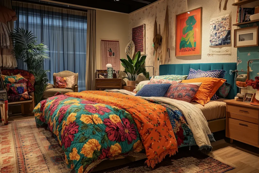 A colorful bedroom with a large bed, vibrant floral bedding, patterned pillows, wall art, indoor plants, and vintage-style furniture under warm lighting showcases Maximalist Decor: Your Ultimate Guide to Bold Living Spaces.