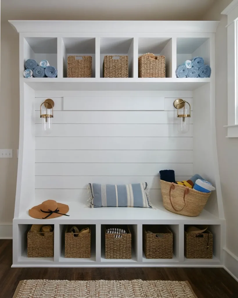 A built-in white mudroom bench with cubbies, wicker baskets, rolled towels, two wall sconces, and a tray with a hat and striped pillows—discover inspiration in Your Ultimate Functional and Stylish Mudroom Guide.