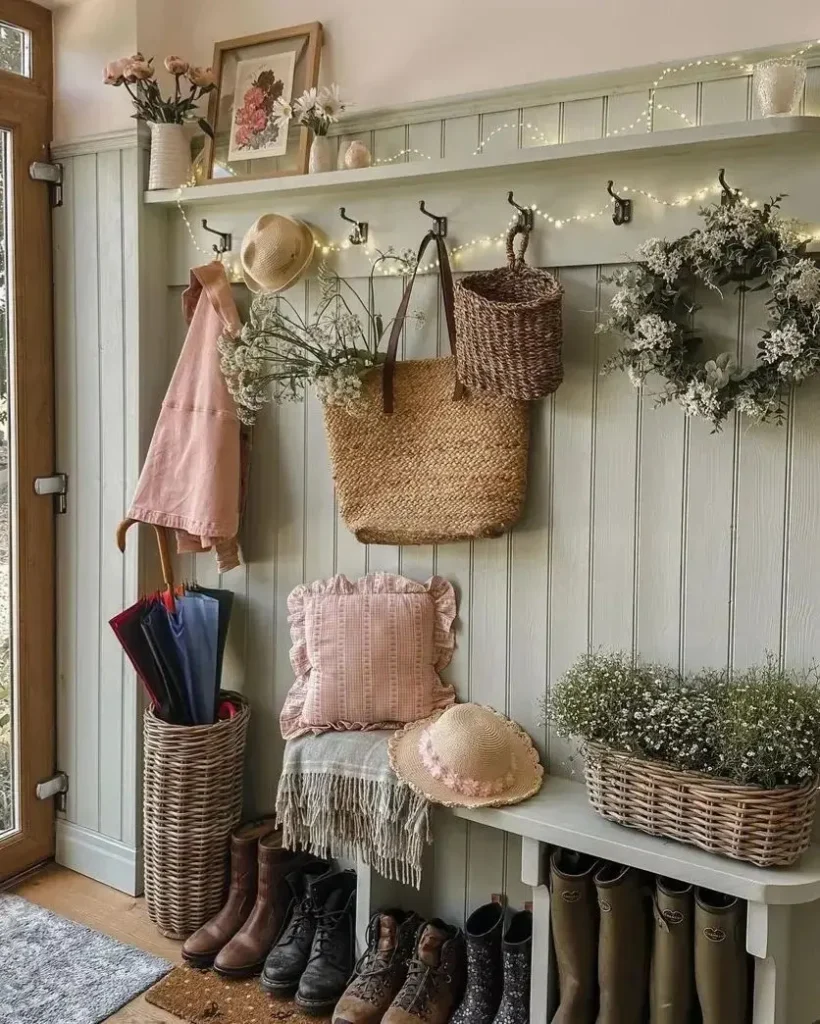 A cozy entryway serves as your ultimate functional and stylish mudroom guide, featuring hanging hats, bags, a pink jacket, and a wreath on hooks. Beneath are boots, cushions, an umbrella stand, and baskets of flowers. Soft lighting adds warmth and invites you in.