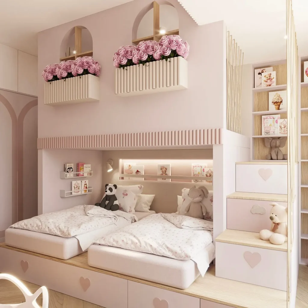 A pastel-themed children's bedroom shows how to create a whimsical pink bedroom your kids will love, featuring two beds, plush toys, built-in shelves, stairs with heart designs, and charming flower boxes above the beds.