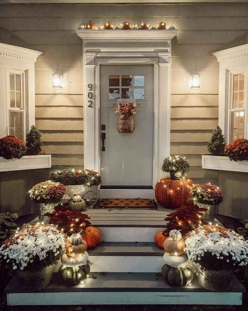 Discover how to enhance your fall front porch with lighting, featuring pumpkins, potted plants, and string lights. A white door adorned with a basket of autumn leaves highlights the cozy scene against house number 902.