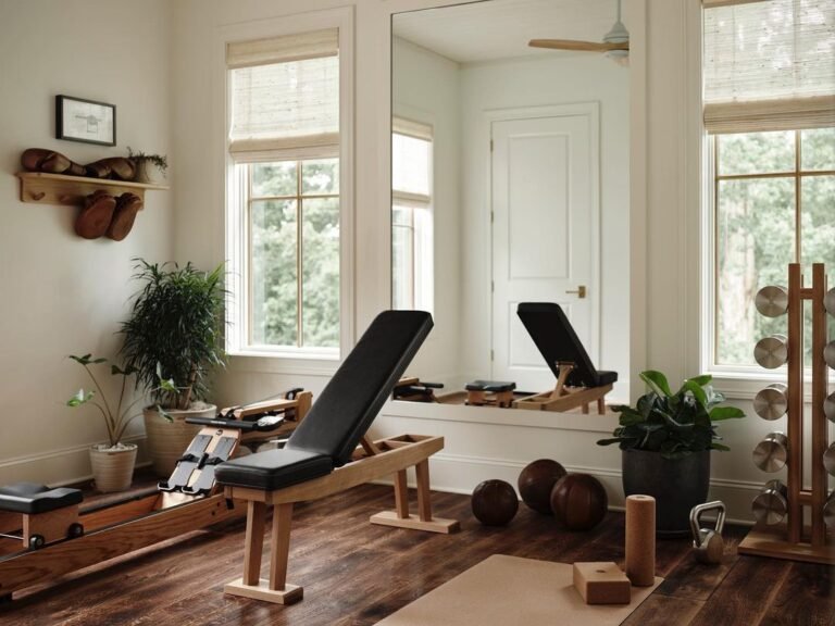A home gym with a rowing machine, weight bench, free weights, yoga mat, exercise balls, plants, large mirror, and wooden floors—lit by natural light from two windows—shows How to Design the Perfect Home Gym: Tips for Every Space in action.