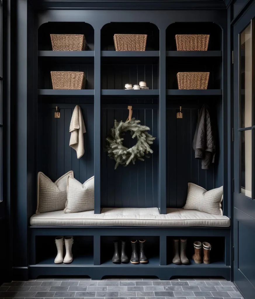 A dark blue mudroom with cubbies, wicker baskets, a bench with cushions, boots below, coats hanging, and a wreath on the back wall—perfect Holiday Mudroom Decor: Simple Ideas to Impress Your Guests.