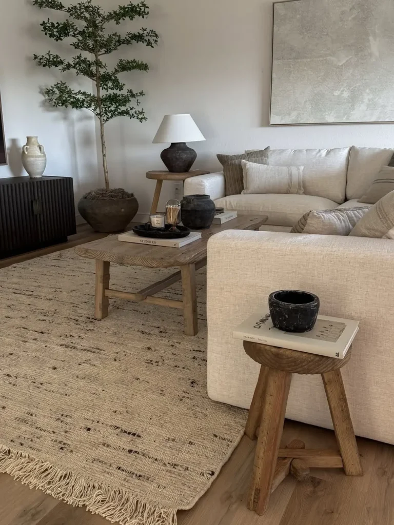 Neutral-toned living room with a white sofa, wooden coffee table, textured rug, indoor tree, black and white decor, and accessories that blend organic modern and minimalist decor.