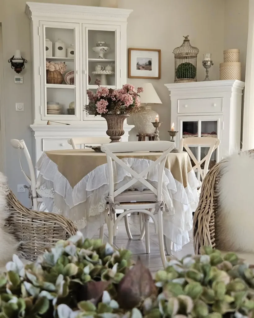 A cozy dining area with a round table covered by a ruffled tablecloth, surrounded by white chairs, wicker seating, floral arrangements, and white cabinets in a softly lit room featuring timeless French country color accents.