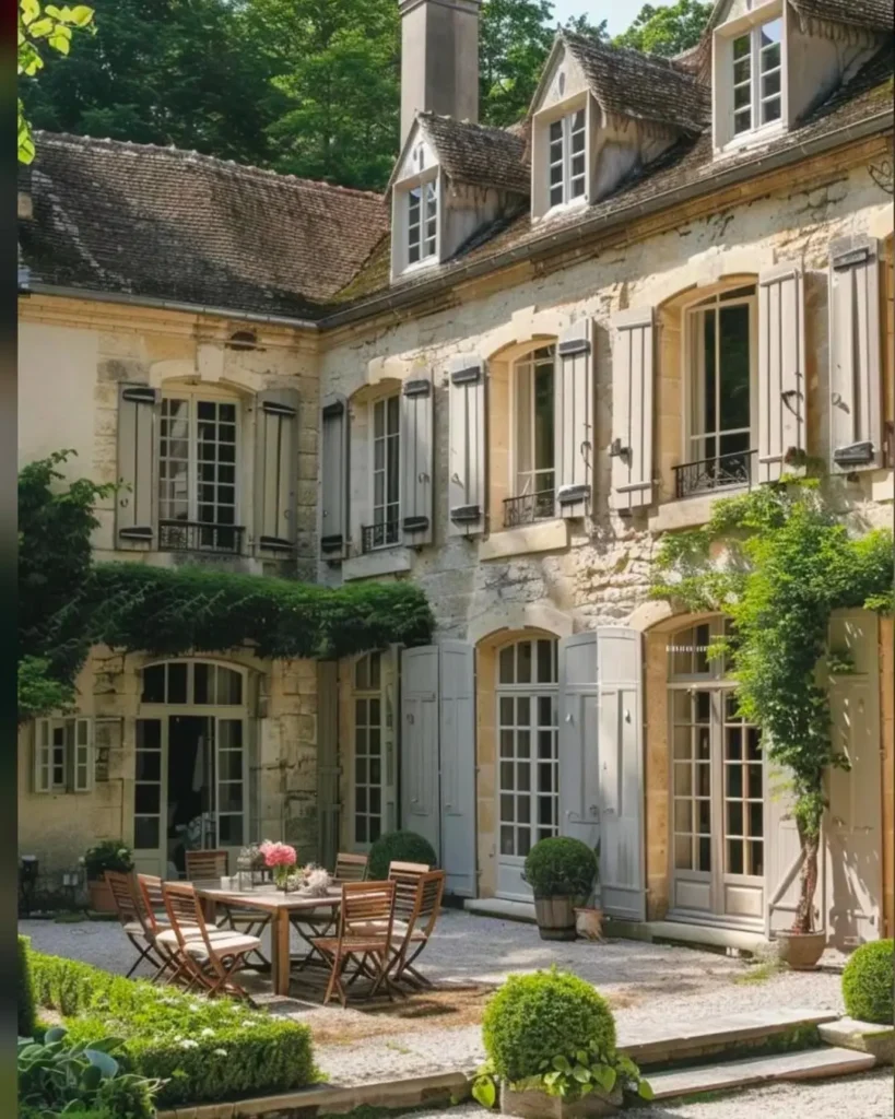 Stone courtyard of a French country house with light blue shutters, wooden outdoor table and chairs, potted plants, and ivy climbing the walls creates a charming french country outdoor connection.