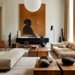 Modern living room with neutral tones, minimalist furniture, sculptural decor, large artwork featuring a profile silhouette, and a round paper pendant light—a perfect example of style from a minimalist home decor guide.