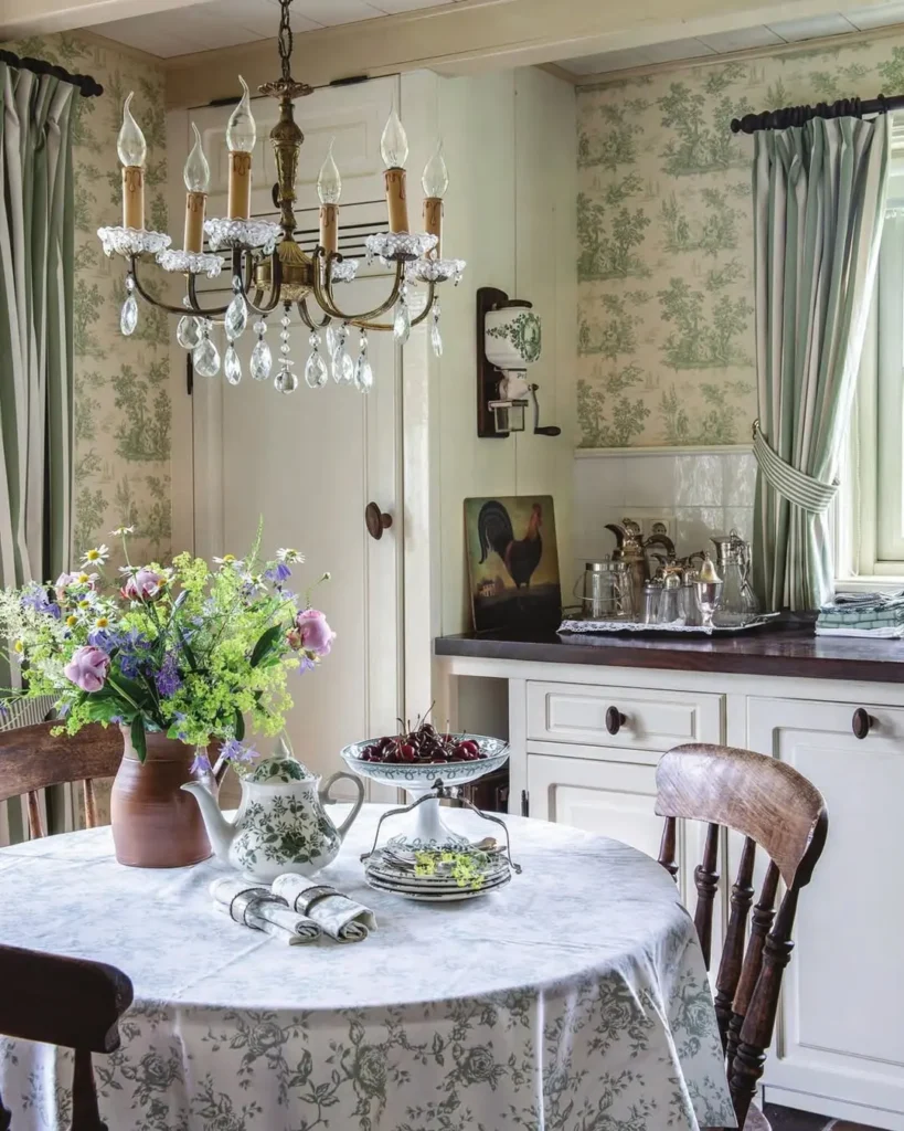 A French country floral-themed kitchen with a round table set for tea, a vase of flowers, a chandelier, wooden chairs, and white cabinets accented by vintage wallpaper and curtains.
