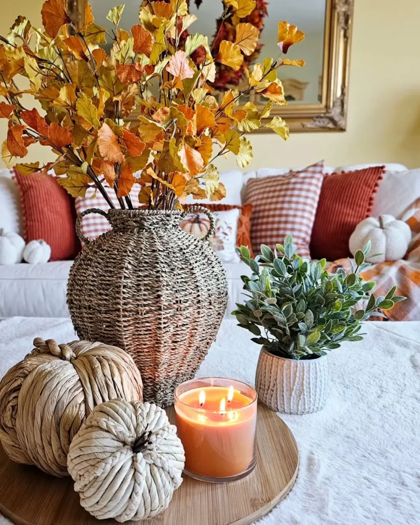 A modern fall arrangement features a wicker vase with orange and yellow leaves, a small potted plant, decorative pumpkins, and a lit candle, all displayed on a round tray on the living room table.