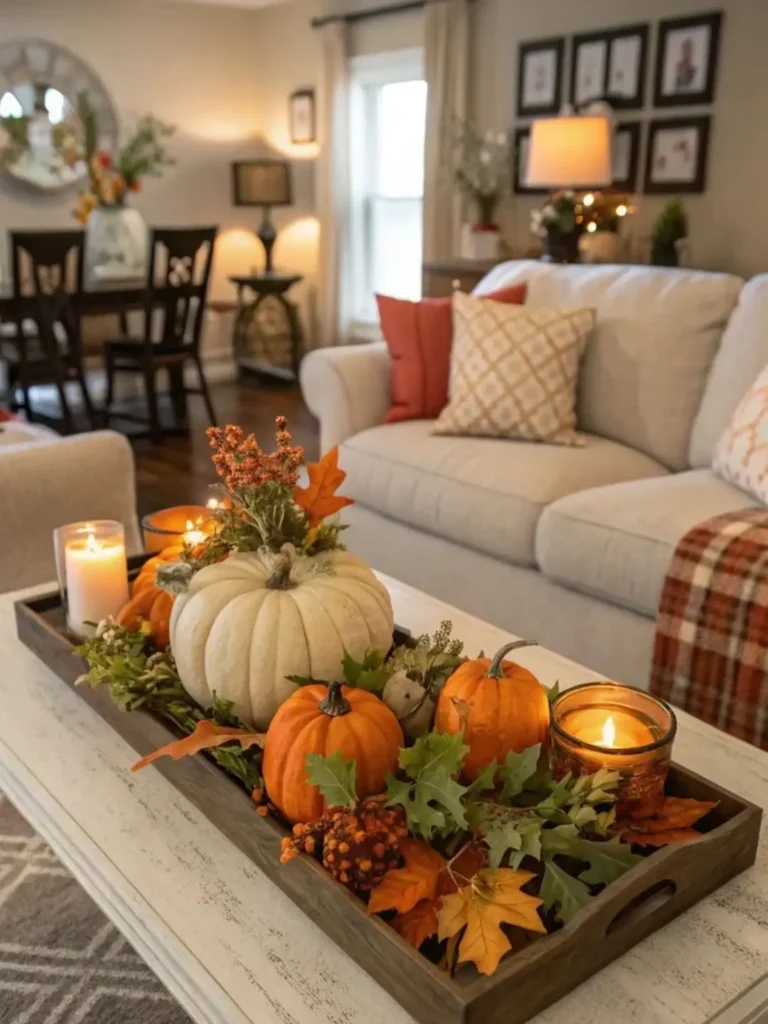 A wooden tray on a coffee table holds small pumpkins, candles, and autumn leaves in a cozy farmhouse fall living room, beautifully enhanced by warm lighting.