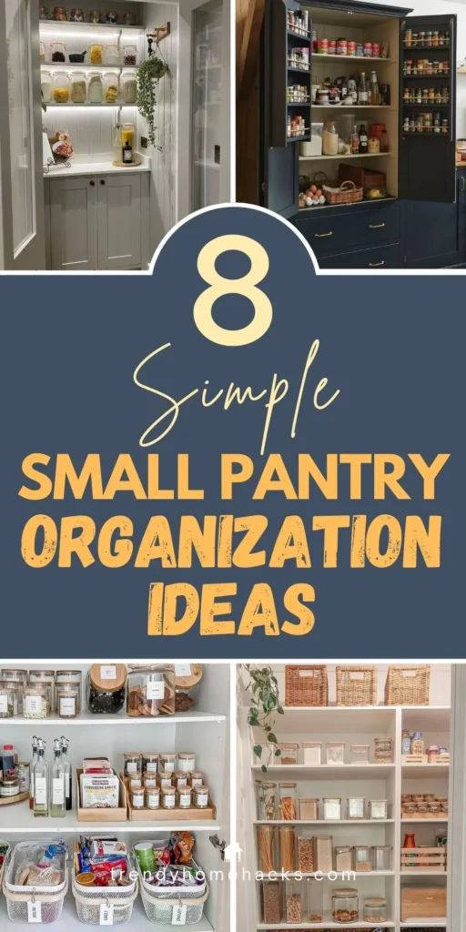Collage of small pantry organization setups featuring labeled jars, baskets, shelving systems, and pantry storage solutions.