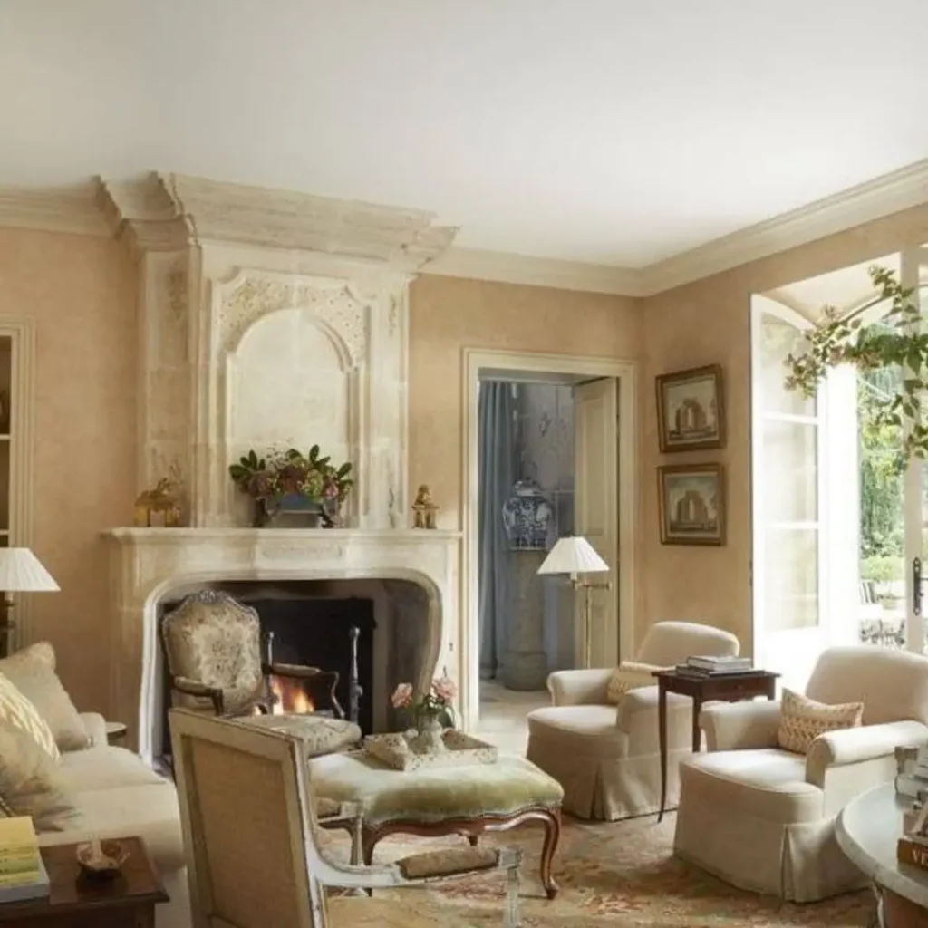Elegant french country living room with beige walls, a large ornate fireplace, classic furniture, lamps, and artwork on the walls; large windows let in natural light and greenery.