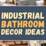 Industrial bathroom decor ideas featuring exposed brick walls, wood vanities, black metal fixtures, open shelving, and modern industrial lighting.