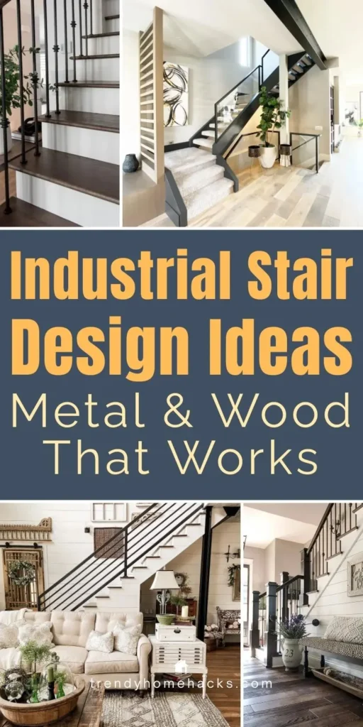 Industrial staircase designs with black metal balusters, wooden steps, open risers, and mixed modern farmhouse decor.