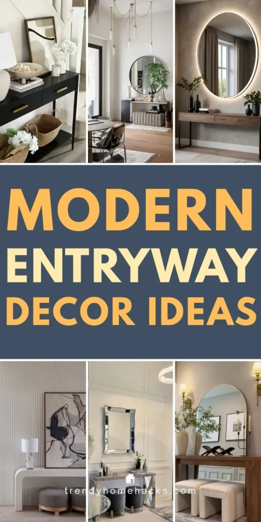 Examples of modern entryway decor featuring sleek console tables, statement mirrors, neutral color palettes, and contemporary styling