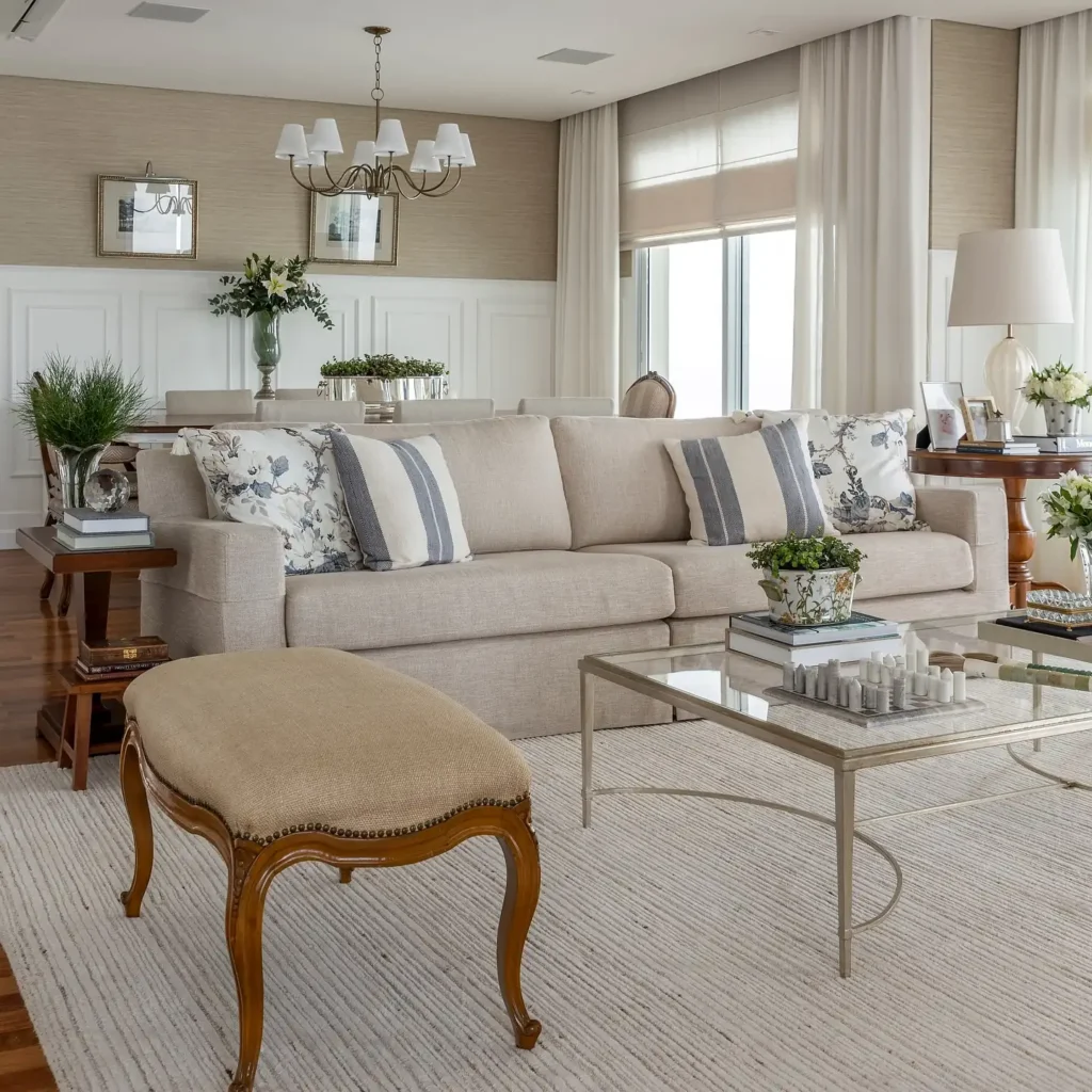 Modern vintage living room decor with beige sofa, glass coffee table, and classic upholstered bench.